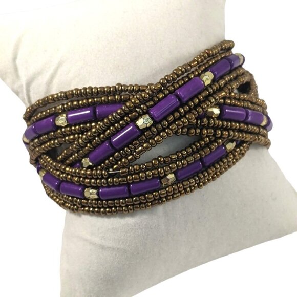 VTG Bohemian Purple Antiqued Gold Tone Braided Beaded Cuff Bracelet - Picture 1 of 7